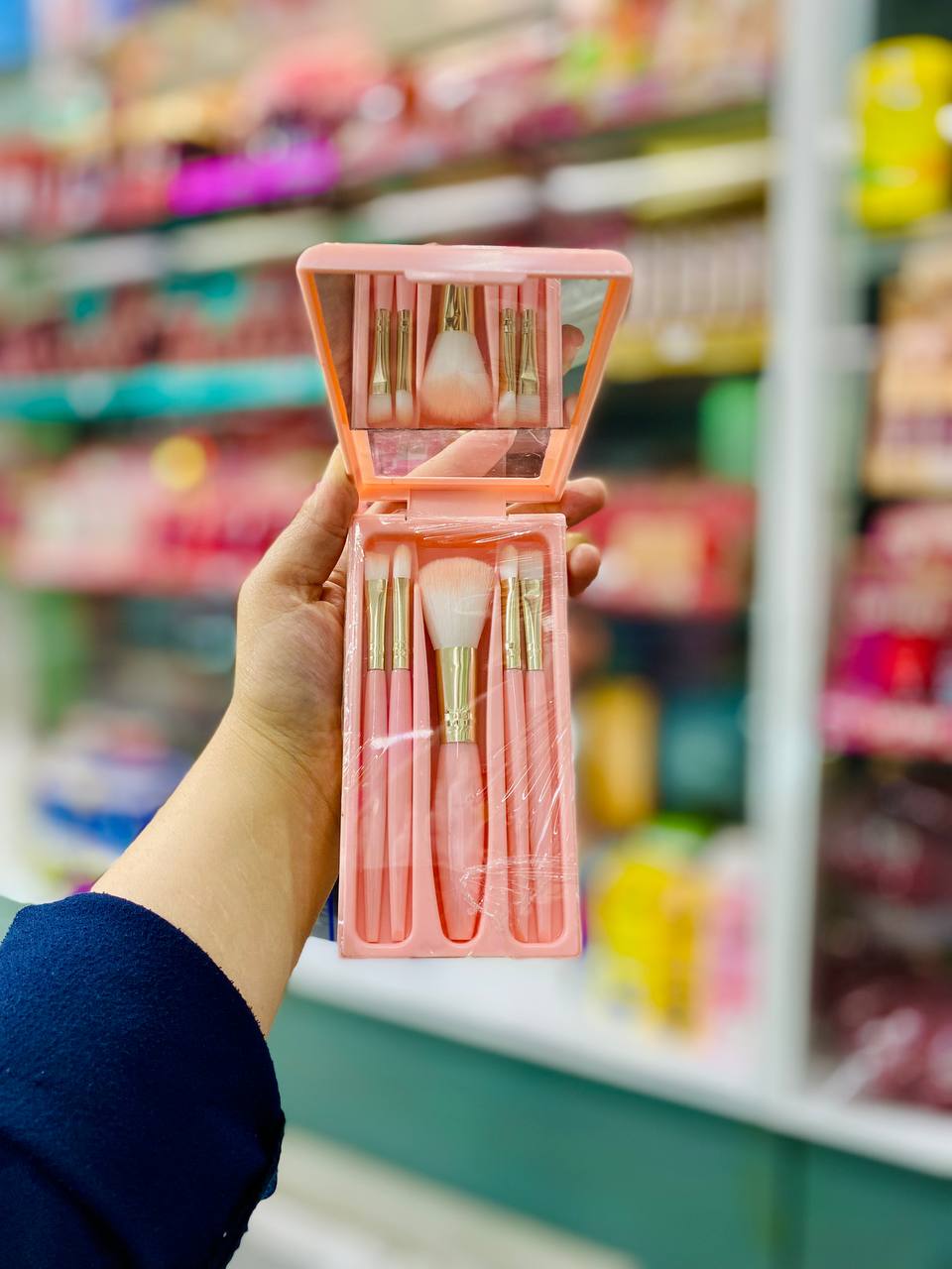 پک براش آینه دار 5 تکه دسته بلند رنگ صورتی